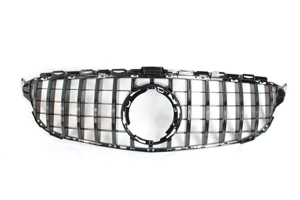 Shiny black car grille with vertical and horizontal slats features a central circular opening, staged against a plain white background.