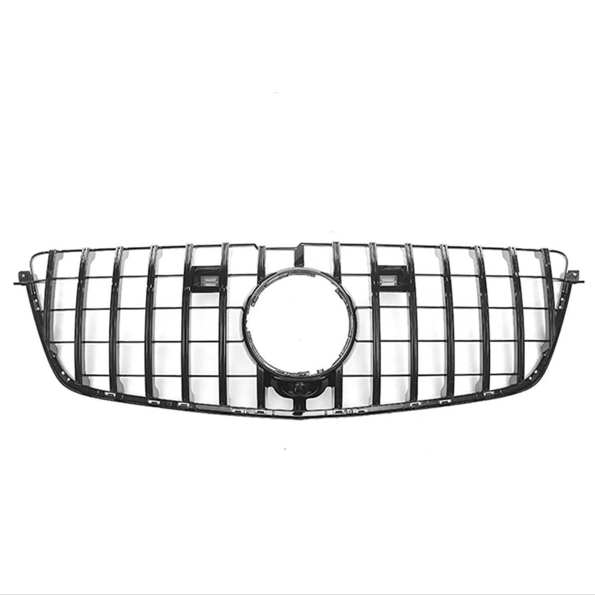 A black car grille features a series of vertical and horizontal bars with a large circular space in the center. It is set against a plain white background.