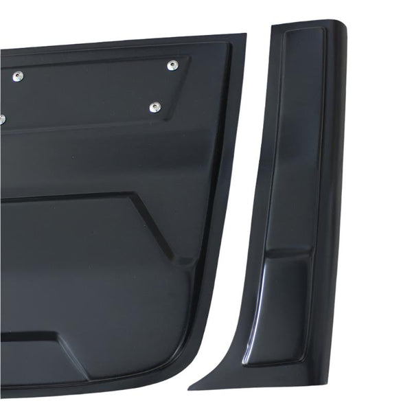 Black, rectangular car panel with screws, positioned adjacent to a matching curved piece. Both lie against a plain white background, showcasing their sleek, glossy surfaces.