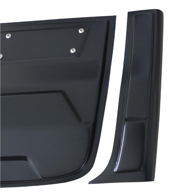 Black, rectangular car panel with screws, positioned adjacent to a matching curved piece. Both lie against a plain white background, showcasing their sleek, glossy surfaces.