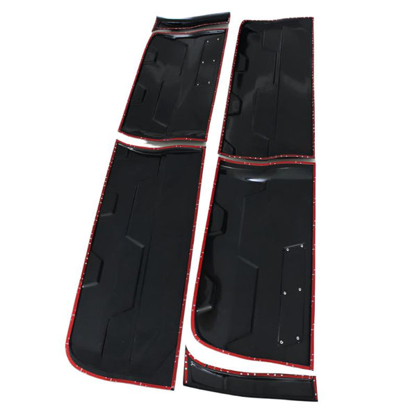 Four black car body panels with a red trim are laid out on a white background. The panels have slightly curved edges and visible screws, suggesting they are ready for installation.
