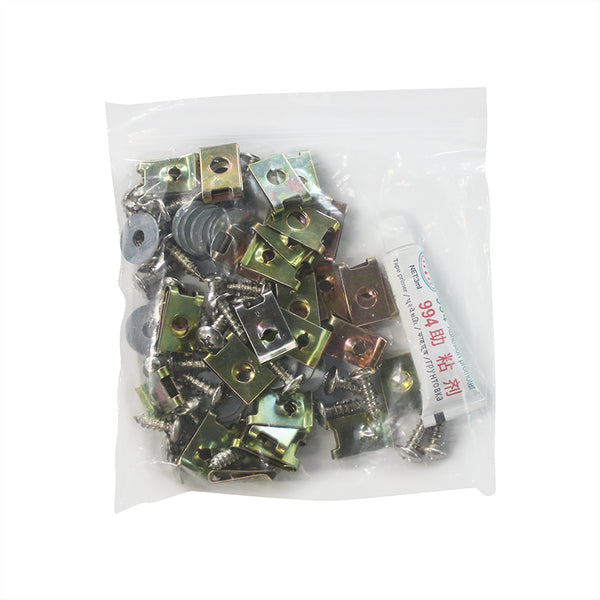 A plastic bag contains assorted metal brackets, screws, and washers. The bag has a label with text: "994" and other characters in a different language, possibly a product description.
