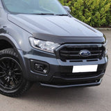 A dark gray truck with a "Ford" emblem on the front grille is parked on a concrete road, surrounded by green bushes. The headlights are sleek and modern.