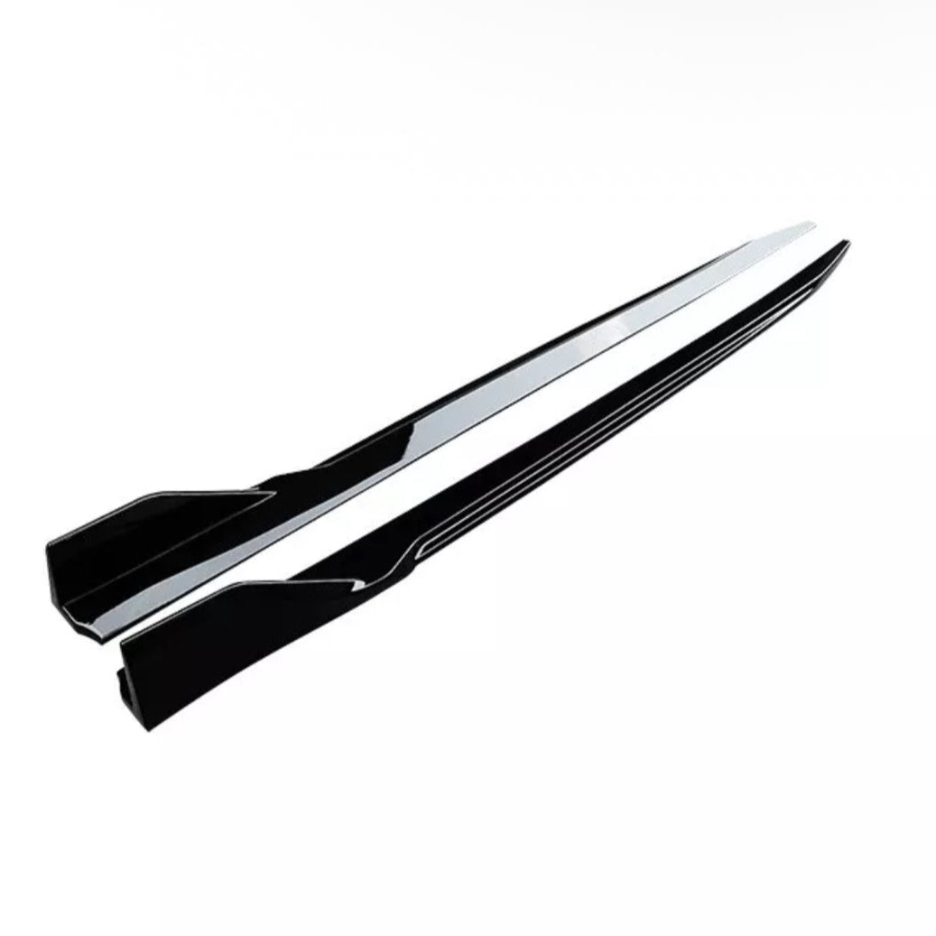 Black glossy chopsticks are lying parallel on a white background, reflecting light and showcasing their sleek, minimalist design.