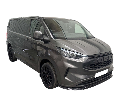 Van with sleek, metallic gray finish parked indoors, showcasing a modern design and black "FORO" grille. Dark wheels, reflective windows, and a well-lit environment highlight its contemporary features.