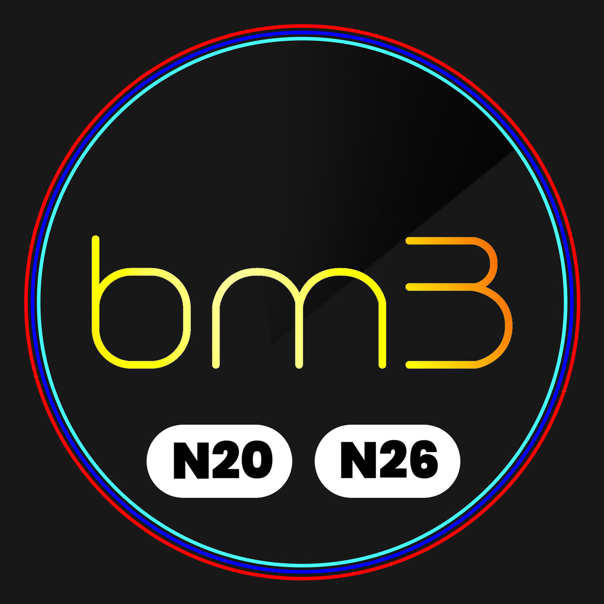 The image features the text "bm3" in yellow and orange, centered on a black background. Below it are two white ovals with "N20" and "N26." A colorful double border surrounds it.
