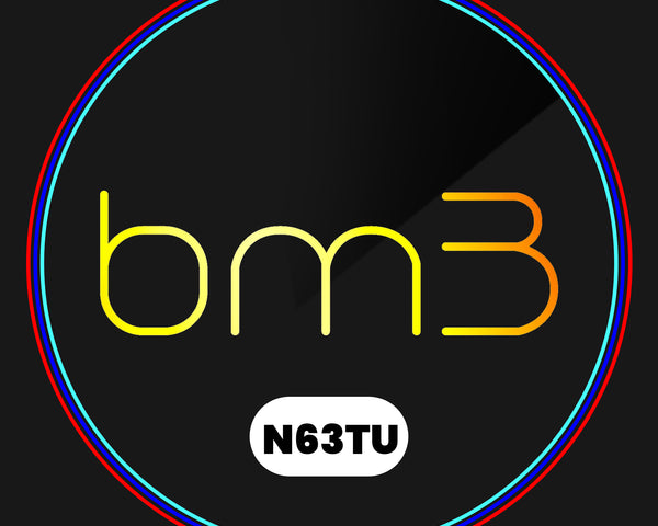 A logo features the text "bm3" in yellow-orange gradient with "N63TU" below in a white oval. The design is set against a dark background, encircled by red and blue rings.