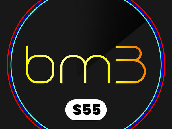 The design showcases the text "bm3" in yellow and orange hues, encircled by red and blue rings. Below, a white oval contains the text "S55" on a black background.