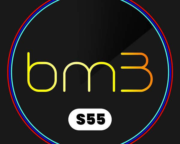 The design showcases the text "bm3" in yellow and orange hues, encircled by red and blue rings. Below, a white oval contains the text "S55" on a black background.