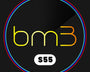 The design showcases the text "bm3" in yellow and orange hues, encircled by red and blue rings. Below, a white oval contains the text "S55" on a black background.