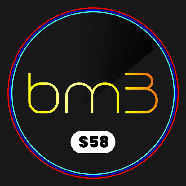 The image features the letters "bm3" in yellow and orange, centered on a black background. Below, a white oval contains "S58." A colorful circular border surrounds the design.