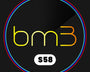 The image features the letters "bm3" in yellow and orange, centered on a black background. Below, a white oval contains "S58." A colorful circular border surrounds the design.