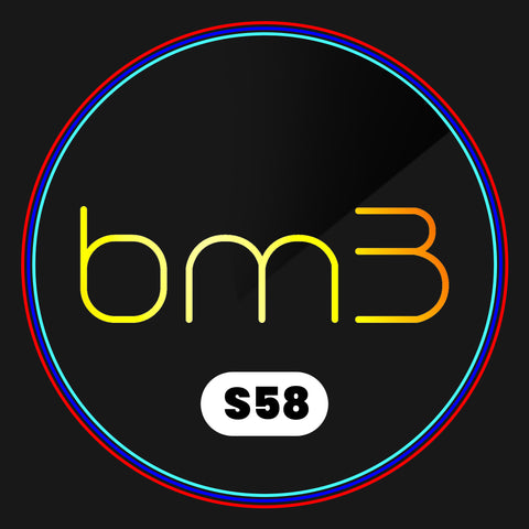 The image features the letters "bm3" in yellow and orange, centered on a black background. Below, a white oval contains "S58." A colorful circular border surrounds the design.