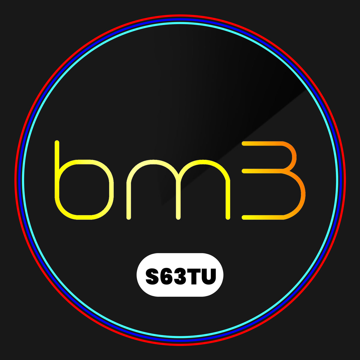 A circular design features the text "bm3" in gradient yellow-orange with "S63TU" in bold black on a white oval. The outer edge has red and blue rings, against a dark background.