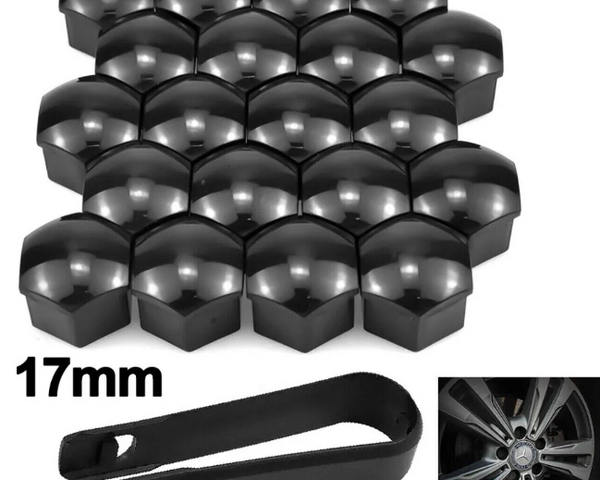 Twenty black lug nut covers are arranged in a grid, accompanied by a black tool and a wheel image. Text reads "20pcs" and "17mm."