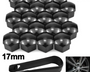 Twenty black lug nut covers are arranged in a grid, accompanied by a black tool and a wheel image. Text reads "20pcs" and "17mm."