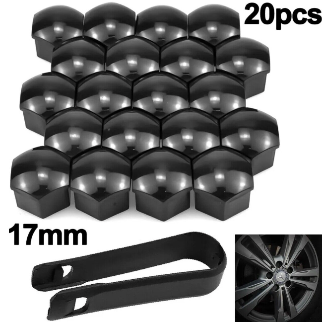 Twenty black lug nut covers are arranged in a grid, accompanied by a black tool and a wheel image. Text reads "20pcs" and "17mm."