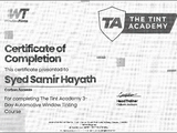Certificate of Completion awarded to Syed Samir Hayath for finishing The Tint Academy's 3-Day Automotive Window Tinting Course. Includes logos of WT Window Films and The Tint Academy, signed by Head Trainer Callum Jackson.