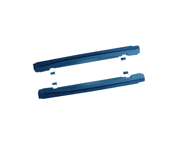 Two long, blue metallic car side skirts, shown detached, positioned parallel with small connecting brackets in between, on a plain white background.