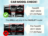 Car interiors are shown to illustrate grill compatibility. The upper image with a green check is a Facelift model (2021-2023). The lower image with a red cross is a Pre-Facelift model (2017-2020). Text: 