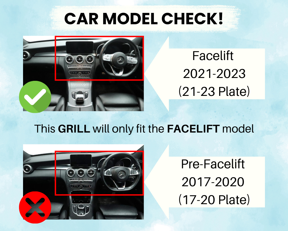 Car interiors are shown to illustrate grill compatibility. The upper image with a green check is a Facelift model (2021-2023). The lower image with a red cross is a Pre-Facelift model (2017-2020). Text: "CAR MODEL CHECK! This GRILL will only fit the FACELIFT model."