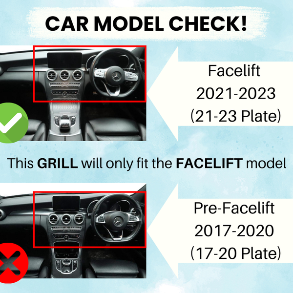 Car interiors are shown to illustrate grill compatibility. The upper image with a green check is a Facelift model (2021-2023). The lower image with a red cross is a Pre-Facelift model (2017-2020). Text: "CAR MODEL CHECK! This GRILL will only fit the FACELIFT model."