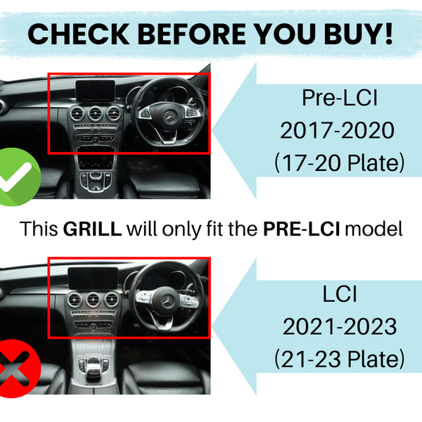 Dashboard images of two cars are compared. The top image, marked with a green check, is labeled "Pre-LCI 2017-2020," suitable for a specific grill. The bottom image, marked with a red X, is "LCI 2021-2023." Text says,  This GRILL will only fit the PRE-LCI model."