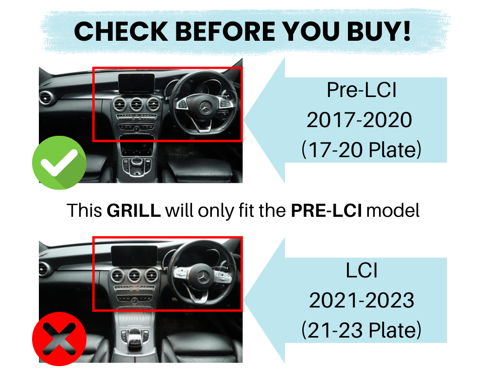 Dashboard images compare two car models, Pre-LCI (2017-2020) with a green check, and LCI (2021-2023) with a red cross, highlighting grill compatibility. Text:  This GRILL will only fit the PRE-LCI model."
