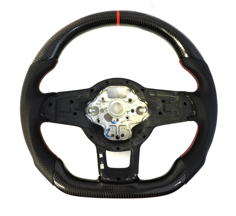 A black, textured carbon fiber steering wheel with a red stripe at the top. It is uninstalled, showing the metal frame and perforated sections for grip, on a white background.