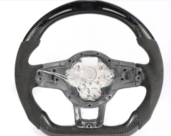 Steering wheel without the central cover, featuring carbon fiber details and exposed wires, set against a plain white background.
