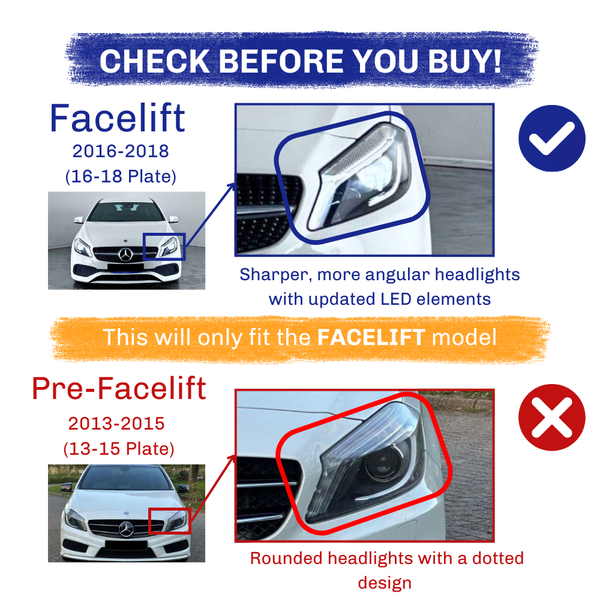 A comparison of facelift (2016-2018) and pre-facelift (2013-2015) car headlights. Facelift has angular headlights with updated LEDs; pre-facelift features rounded design. Text:  This will only fit the FACELIFT model."