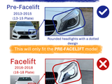 A comparison of car headlights shows differences between Pre-Facelift (2013-2015) with rounded headlights and Facelift (2016-2018) with angular headlights. Text warns to check before buying.
