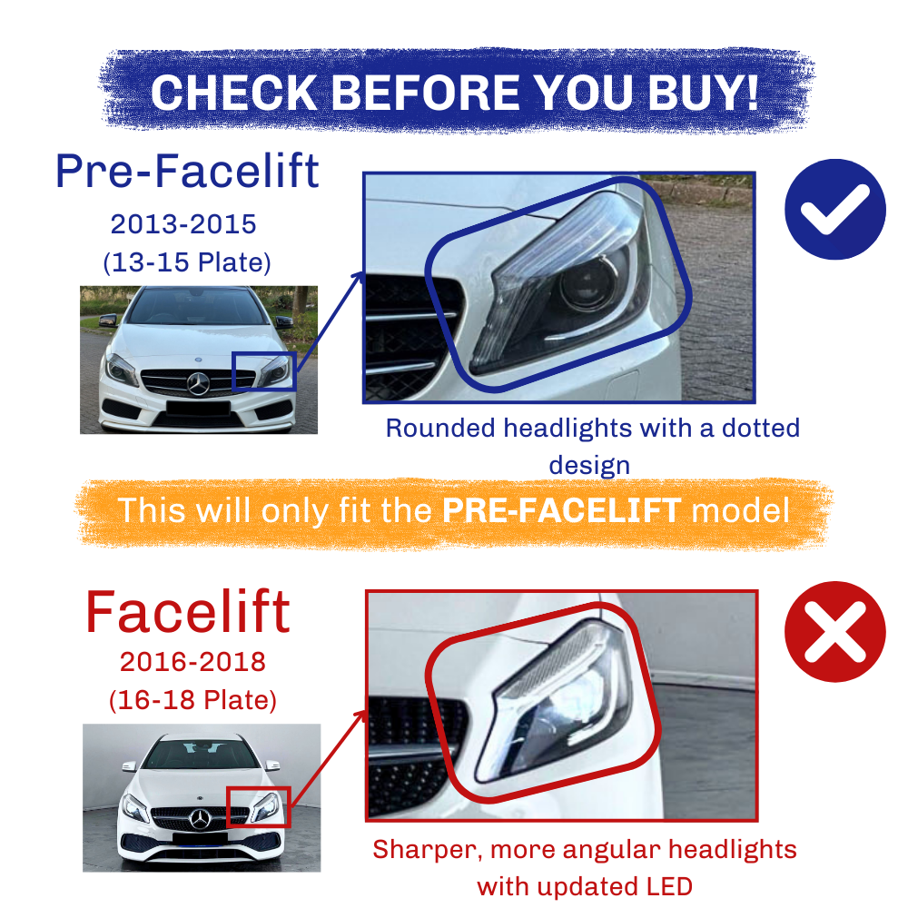 Headlights are compared for Pre-Facelift (2013-2015) and Facelift (2016-2018) car models. The Pre-Facelift has rounded dotted headlights. The Facelift features sharper, angular LED headlights. Text:  This will only fit the PRE-FACELIFT model."