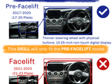 Pre-facelift and facelift car interior comparison. Pre-facelift (2017-2020) features thinner steering wheel, physical buttons, 10.25-inch display. Facelift (2021-2023) features thicker wheel, updated buttons, 12.3-inch display. Text advises grill compatibility.
