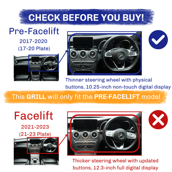Dashboard comparison of two car models: Pre-Facelift (2017-2020) features a thinner steering wheel with physical buttons and a 10.25-inch display. Facelift (2021-2023) has a thicker wheel with updated buttons and a 12.3-inch display. Text warns: "This GRILL will only fit the PRE-FACELIFT model."