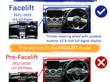 Facelift car models (2021-2023) have a thicker steering wheel and a 12.3-inch digital display. Pre-facelift (2017-2020) models have a thinner wheel and a 10.25-inch display. 