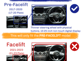 Two car dashboard images show differences between pre-facelift (2017-2020) and facelift (2021-2023) models. Text highlights steering wheel thickness, button type, and digital display size.