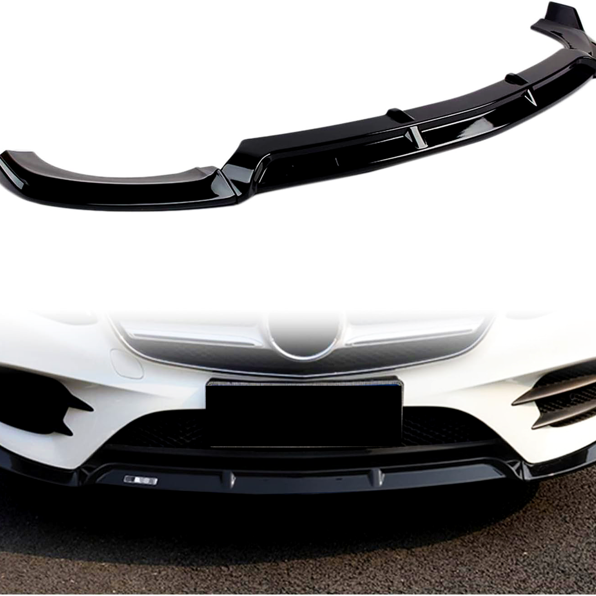 A glossy black car front splitter is displayed above an image of its installation on a white car's front bumper, enhancing aerodynamics on an asphalt surface.