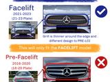 Mercedes car grills comparison; Facelift (2021-2023) has a thinner edge, contrasted with Pre-Facelift (2016-2020) grill design. Text:  This will only fit the FACELIFT model.