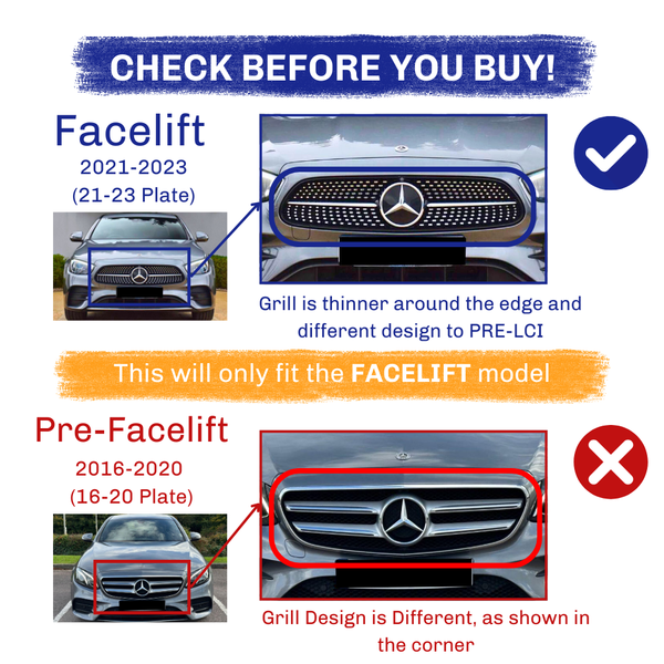 Mercedes car grills comparison; Facelift (2021-2023) has a thinner edge, contrasted with Pre-Facelift (2016-2020) grill design. Text:  This will only fit the FACELIFT model."