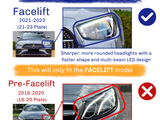 Headlights comparison: Facelift (2021-2023) features sharper, rounded headlights with multi-beam LED design; Pre-Facelift (2016-2020) has angular headlights with an upward tilt. 