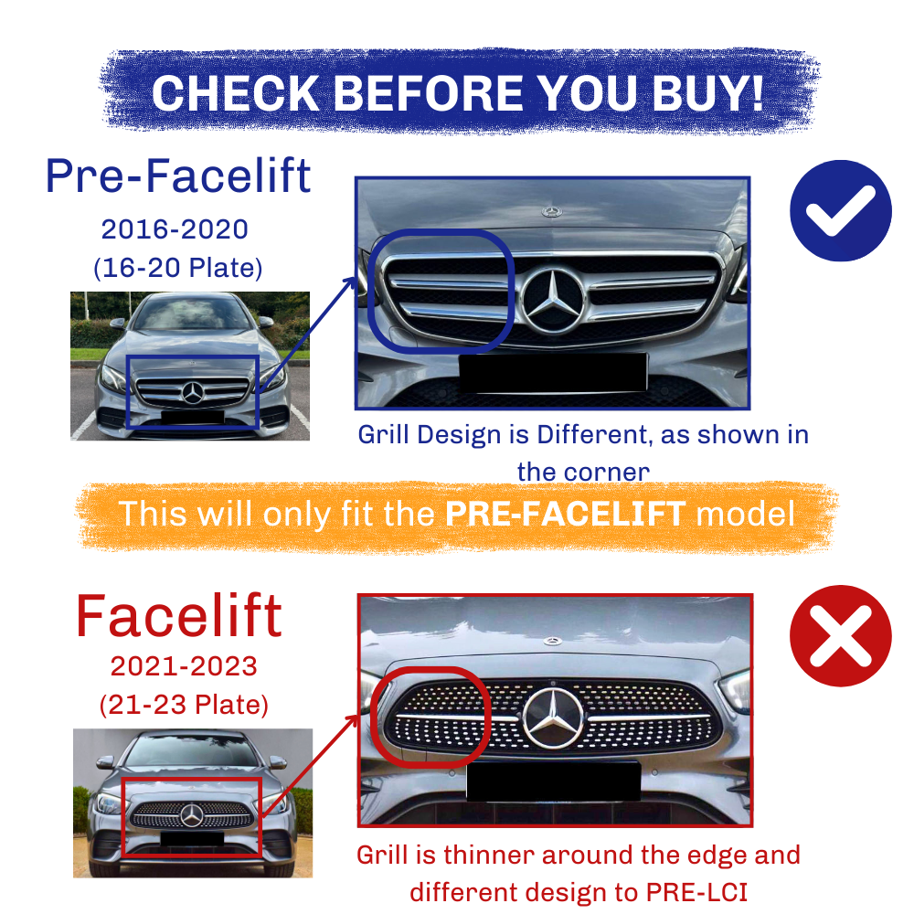 CHECK BEFORE YOU BUY! Pre-Facelift 2016-2020 (16-20 Plate): Grill Design is Different, as shown in the corner. This will only fit the PRE-FACELIFT model. Facelift 2021-2023 (21-23 Plate): Grill is thinner around the edge and different design to PRE-LCI.
