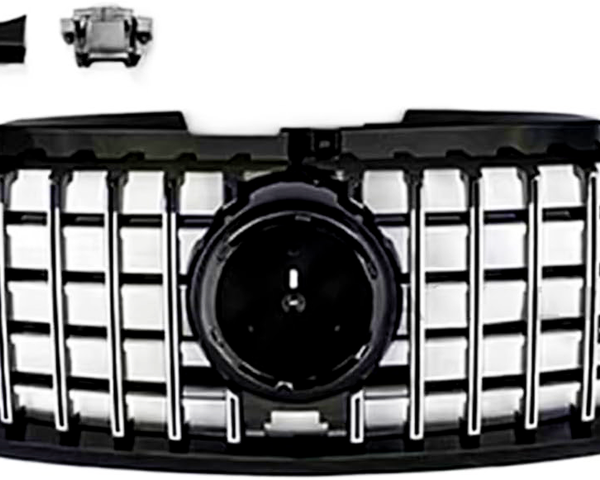Car grille features vertical chrome bars and central circular mount, with two small components above it, all set against a plain white background.