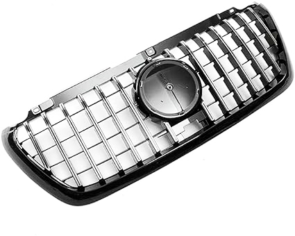 A car grille with a chrome finish and black frame, featuring a central circular emblem area, in a plain white background.