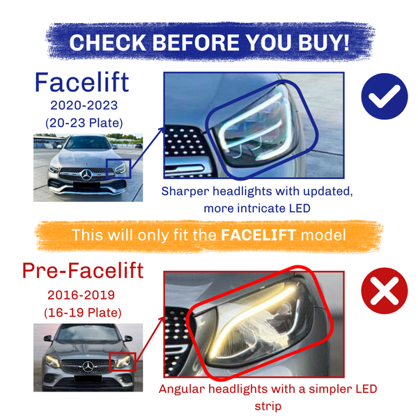 Car comparison chart illustrating "Facelift" (2020-2023) with sharper, intricate LED headlights versus "Pre-Facelift" (2016-2019) featuring angular headlights with simpler LED. Emphasizes checking compatibility before purchasing.