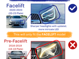 Mercedes car comparison highlighting headlight differences: Facelift (2020-2023) model with sharper, intricate LED headlights, marked with a check; Pre-Facelift (2016-2019) model with simpler LEDs, marked with an X. Text: 