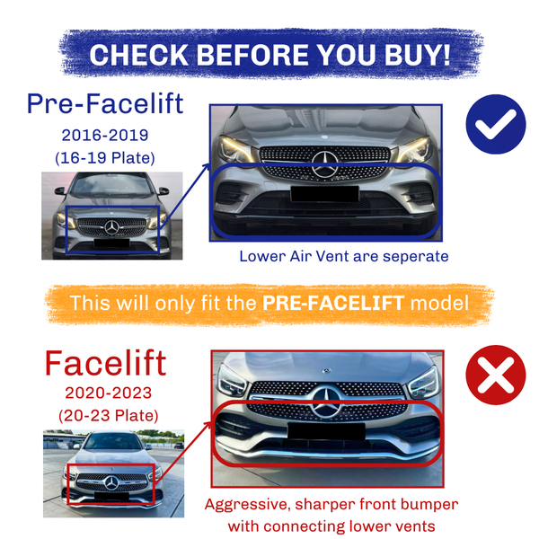 A comparison of Mercedes car fronts: Pre-Facelift (2016-2019) with separate lower air vents versus Facelift (2020-2023) with aggressive, connected vents. Text: “CHECK BEFORE YOU BUY! This will only fit the PRE-FACELIFT model.”