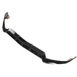 A black car front splitter lies on a white background. It features a glossy finish and has aerodynamic curves at the edges for performance enhancement.