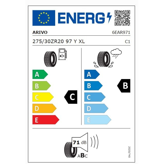 EU tyre label - Arivo Premio Sport 6 275/30 ZR20 97Y XL - fuel C, wet grip B, noise 71dB