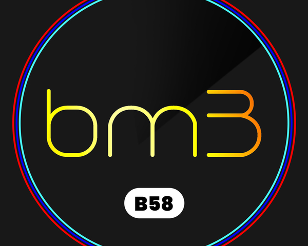 Logo with text "bm3" in gradient yellow-orange, centered on a black background. Enclosed by three concentric rings in red, blue, and cyan. Below, "B58" in bold on a white oval.